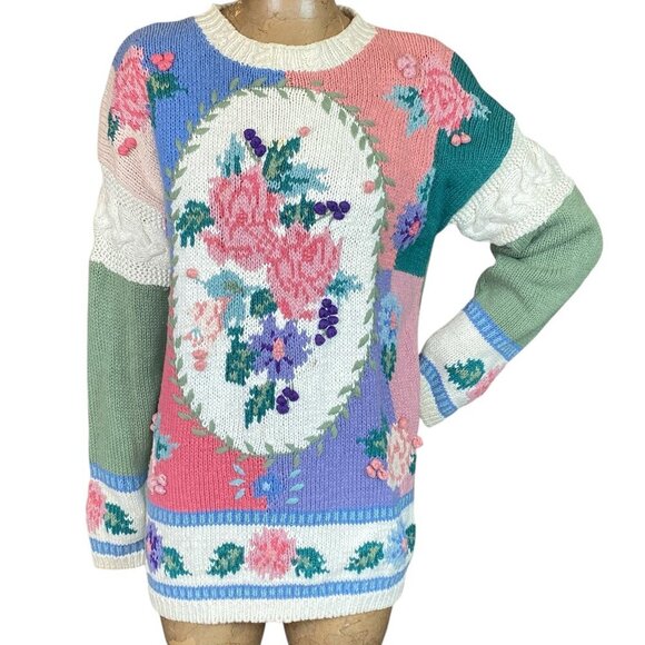 VTG Casual Corner Sweater Sz M Cotton Ramie Floral Colorblock #349J - Picture 1 of 8